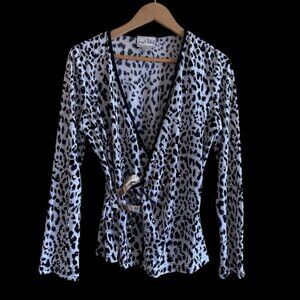 Y2K Joseph Ribkoff Leopard Print Wrap Top with Buckle Accent Woman 10 Luxury